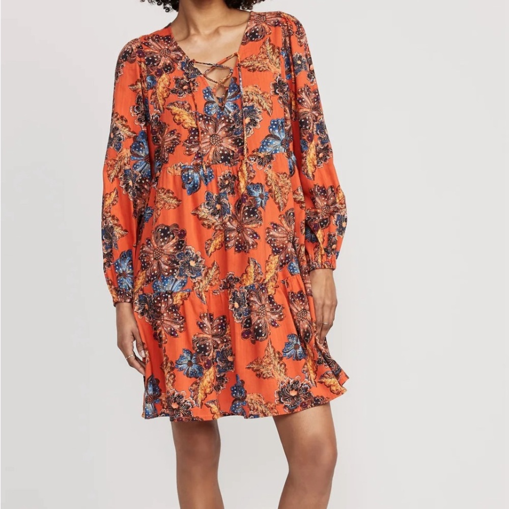 Old Navy Tie-Neck Tiered orange Floral Mini Swing Dress Size Large with pockets